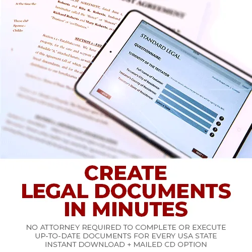 Standard Legal&rsquo;s own promotional image for their legal forms software, showing a lease agreement beside an on-screen questionnaire, captioned by them &ldquo;Create legal documents in minutes&rdquo;
